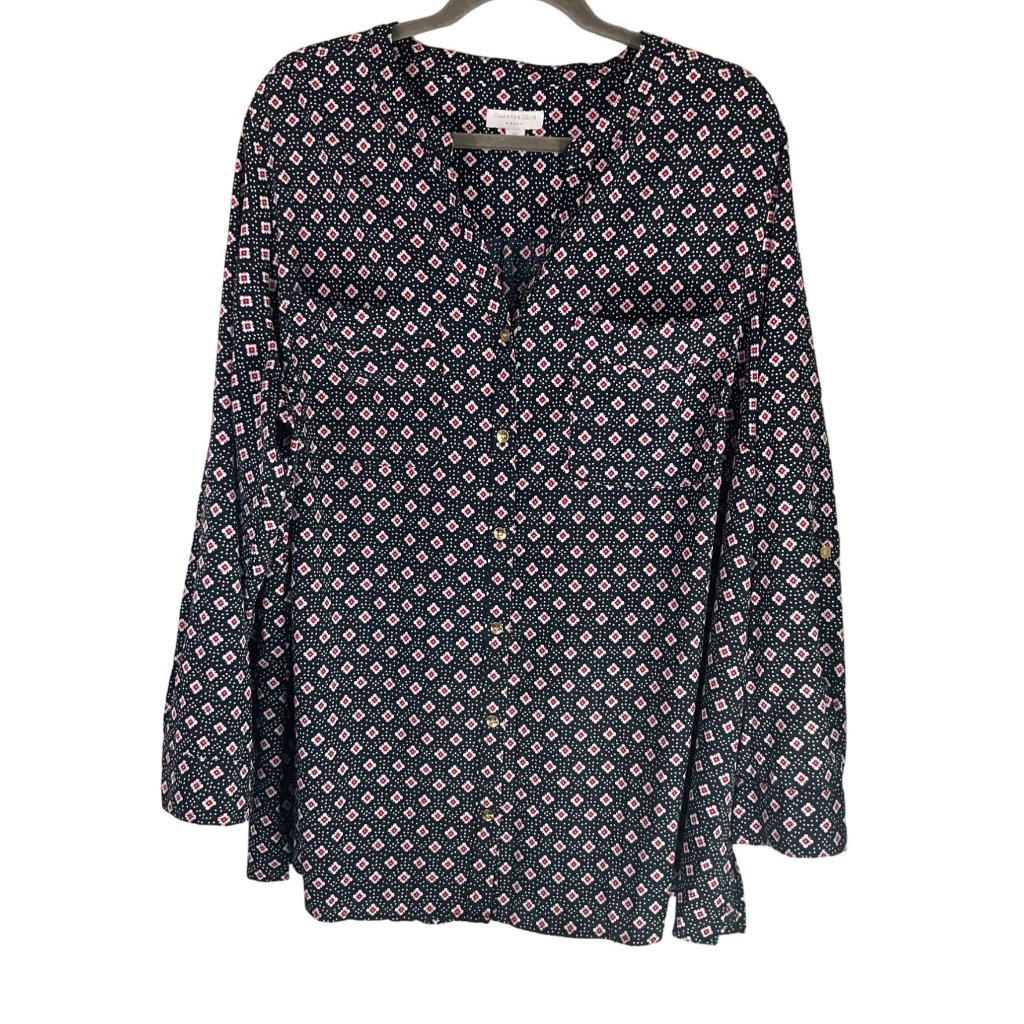 Charter Club Womens Sz 3x Navy Button Down Shirt Medallion Print Roll Up Sleeves